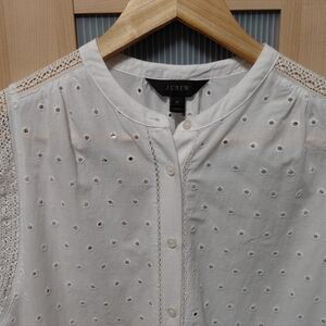 J.Crew White Eyelet Button Down Blouse W/Crochet Like Accents